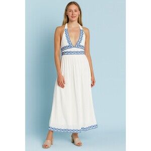 Lulus Maxi Halter Dress Womens Large White Embroidered Backless Cottagecore Boho